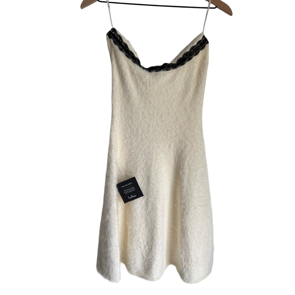 Lulus Cream Fuzzy Eyelash Knit Mini Dress Black Lace Trim Ribbon Tie Medium NEW - Picture 4 of 6